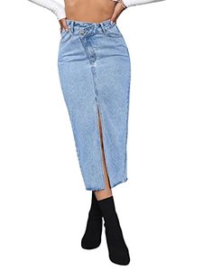 lot 24875 image: SweatyRocks Womens Casual High Waist Denim Skirt Split Hem Raw Trim Midi Jean Skirts Light Wash L