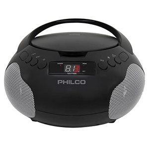 lot 24884 image: USED  Philco Portable CD Player Boombox with Speakers and AM FM Radio  Black Boom Box Compatible with CD-RCD-RW and Audio CD  3.5mm Aux Input  Stereo Sound  LED Display  ACBattery Powered