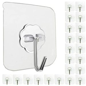 lot 24892 image: quantity not verified  Jwxstore Wall Hooks for Hanging 33lb(Max) Heavy Duty Self Adhesive Hooks 24 Pack Transparent Waterproof Sticky Hooks for Keys Bathroom Shower Outdoor Kitchen Door Home Improvement Utility Hooks
