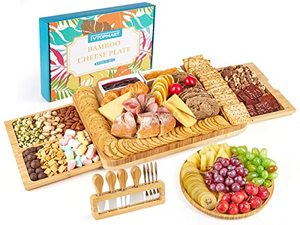 lot 24898 image: unsure if used  Vtopmart Large Charcuterie Boards, Bamboo Cheese Board & Knife Set, Unique New Home House Warming Gifts Anniversary Wedding Gifts for Couple,Bridal Shower for Women