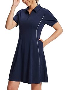 lot 24916 image: BALEAF Womens Lyocell Golf Dress Short Sleeve Polo Shirts Dress Golf Apparel Knee Length Pockets Quarter Zip UPF 50 Navy Blue S