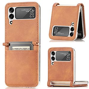 lot 24919 image: CCSamll for Samsung Galaxy Z Flip 3 Phone Case with Card Holder, PC Hard Shockproof Back Cover Slim Durable Protective PU Leather Phone Case Cover for Samsung Galaxy Z Flip 3 5G PZ Brown