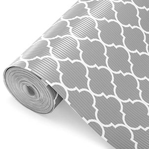 lot 24927 image:  length not verified  Glotoch Shelf Liner 12 x 30 ft. - Non Adhesive Refrigerator, Kitchen, Drawer Liners, Waterproof and Durable Fridge Table Place Mats for Cupboard, Cabinet, Drawer Liner, Quatrefoil Gray