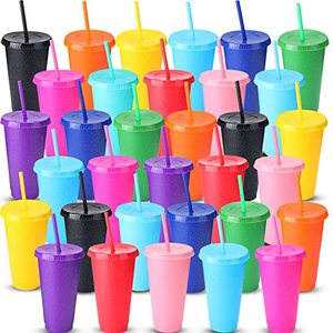 lot 24950 image: USED. QUANTITY NOT VERIFIED  36 Pack 24 oz Glitter Reusable Cup with Straws and Lids, Plastic Tumbler with Lids and Straws Bulk 710ml Color Party Coffee Cup for Adult Kid Birthday Party