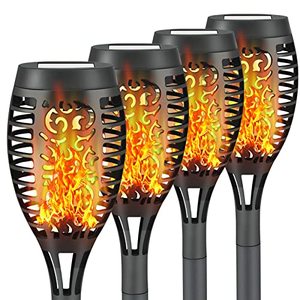 lot 24955 image: USED, QUANTITY NOT VERIFIED  Liveasily 4 Pack Led Solar Torch Light with Flickering Flame Outdoor Waterproof Halloween Decorations, Solar Torches Stake Lights, Auto OnOff Solar Garden Lights Decorations