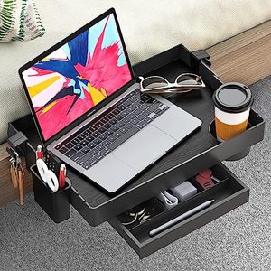 lot 24972 image: ope, unsure if used  SOLEJAZZ Bedside Shelf for Bed, Foldable Bunk Bed Shelf for Top Bunk Clip On Nightstand with Drawer College Dorm Essential Table Caddy Tray Organizer Bedroom Shelf, Plus Size with Drawer, Black
