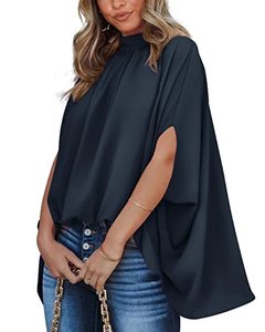 lot 24982 image: BTFBM Womens Mock Neck Batwing Short Sleeve Summer Tops Casual Oversize Loose Fit High Low Hem Dressy Blouses Shirts Top(Solid Navy, Medium)
