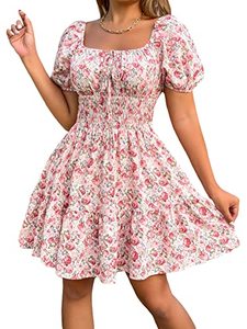 lot 24997 image: Floerns Womens Boho Square Neck Puff Short Sleeve Self Tie Front A Line Dress A Pink M