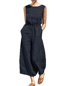 lot 25001 image: tag cut out  COWOKA Womens Casual High Waist Linen Sleeveless Baggy Pants Summer Elegant Loose Fit Temperament Wide Leg Jumpsuit Romper Pants Black-M