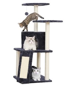 lot 25007 image: open, unsure if used  KSIIA Cat Tree for Indoor Cats 43 Inch Tall Cat Climbing Tower with Sisal-Covered Scratching Post & Board Modern Kittens Activity Condo House with Plush Perch, Grey