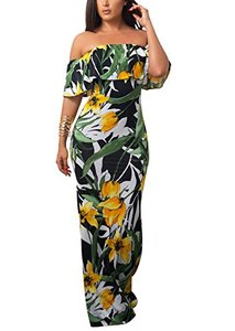 lot 25008 image: WORN, SMELLS LIKE LOTS OF PERFUME  Suimiki Vintage Ruffle Plain Floral Printed Off Shoulder Bodycon Long Party Maxi Dress Dark Green Large