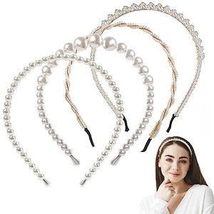 lot 25012 image: 4Pcs Pearl Headbands for Women - Rhinestone Headbands for Womens Hair White Pearl Headband Metal Headbands for Girls Headbands - Hair Hoop Headband for Women Gold Headband Bridal Hair Accessories