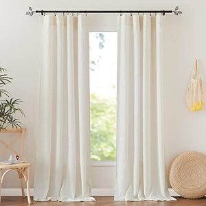 lot 25015 image: RYB HOME Floor Length Curtains Linen Blend Flax Fiber Drapes Half Privacy Semi Sheer Breathable Soft Airy Light Filtering for Sliding Door, Hotel, Living Room, W 52 x L 120 inch, 2 Panels, Light Cream