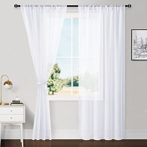 lot 25021 image: Hiasan White Sheer Curtains 84 Inches Long with Tiebacks, Light Filtering Voile Drapes Rod Pocket Window Curtains for Bedroom, Living Room, W52 x L84, Set of 2 Lightweight Drape Panels