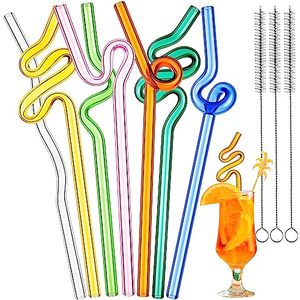 lot 25024 image: blue straw broken, only 6 pieces  Wavy Glass Straw, 6 Pcs Reusable Curved Silly Glass with 3Pcs Cleaning Brushes, Multicolor Twists Glass Straws for Kids Adults Drinking Smoothies Juice Coffee