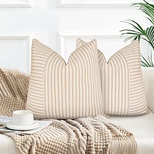 lot 25028 image: Farmhouse Pillow Covers 22x22, Modern Accent Square Throw Pillow Covers Set of 2, Khaki and Beige Striped Patchwork Linen Decorative Pillows Cushion Covers for Couch Chair Bedroom Fall Decorations