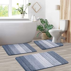 lot 25030 image: KMSON 3 Pcs Ombre Bath Rug Set Bathroom Rugs with U-Shaped Contour Toilet Mat, Non Slip Ultra Soft and Water Absorbent Bath Carpet, Machine Washable Quick Drying Bedroom Floor Mat Living Room Rug Blue