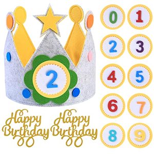 lot 25064 image: HexinYigjly Childrens birthday crowns, changeable numbers 0-9, 3D stickers, fabric crown gifts for boys and girls, party decorations - yellow