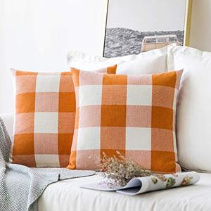 lot 25069 image: MIULEE Fall Pack of 2 Classic Farmhouse Buffalo Check Plaids Linen Soft Solid Orange and White Decorative Throw Pillow Covers Outdoor Cushion Case for Sofa Bedroom 16 x 16 Inch 40 x 40 cm