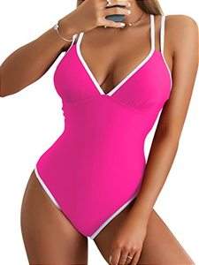 lot 25071 image: B2prity Womens V Neck One Piece Swimsuits Tummy Control Bathing Suit 1 Piece Slimming Swimwear(Rose Pink)