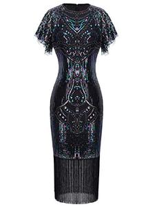 lot 25074 image: FAIRY COUPLE 1920s Knee Length Flapper Party Dress Layer Tassels Hem Sequined Cap Sleeve Cocktail(3XL,Black)