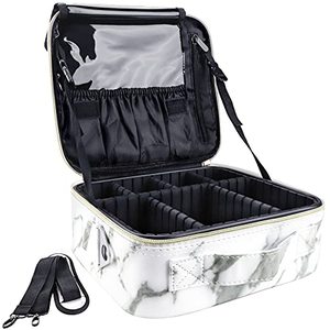 lot 25081 image: gzcz Travel Makeup Bag Train Case 10.2 Cosmetic Bag Organizer Make up Brush Organizer Portable Artist Storage bag with Adjustable Dividers and shoulder strap for Make up Accessories (Marble White)