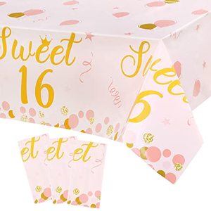 lot 25092 image: 3 Pack Sweet 16 Tablecloth Pink and Gold Table Cover Sweet Sixteen Theme Tableware for Girl 16th Birthday Party Decorations Home Table Decor 108 x 54 Inch