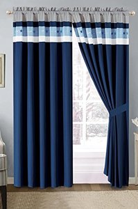 lot 25093 image: Grand Linen Modern Light Blue, Navy, Grey Pin Tuck Texas Lone Star Grommet Curtain Set 116 Wide X 84 Long (2 Pieces of 58 X 84 Panels)