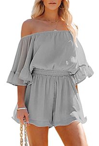 lot 25094 image: Fixmatti Womens Summer Romper Off Shoulder Short Sleeve Boho Chiffon Shorts Jumpsuits Playsuit Grey S