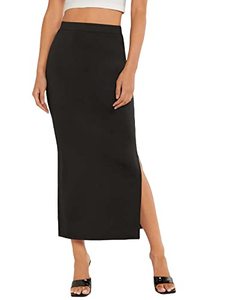 lot 25097 image: SheIn Womens Elastic Waisted Split Thigh Rib Knit Long Maxi Bodycon Pencil Skirt Plain Black Large