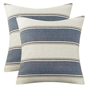 lot 25115 image: AmHoo Pack of 2 Farmhouse Linen Throw Pillow Cover Cushion Stripe Decoration Buffalo Retro Pillowcase with Hidden Zipper for Sofa Bedroom Car 16 x 16 Inch Blue