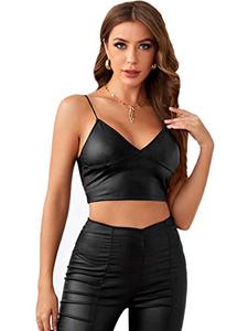 lot 25242 image: SOLY HUX Womens PU Leather V Neck Spaghetti Strap Cami Crop Top Black S