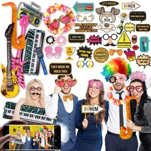 lot 25246 image: 70 Pc Large Premium Photo Booth Props Set for All Occasions - Wedding Props, Birthday Props, Graduation Props, Inflatables, Large Glasses, Multi-Colored Wig, Hawaiian Lei, Funny Signs, Hand Pump