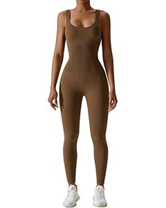 lot 25256 image: elelady Womens Yoga Ribbed Jumpsuits One Piece Tank Tops Rompers Sleeveless Exercise Gym Workout Jumpsuits(KF,L)...no size tag in garment