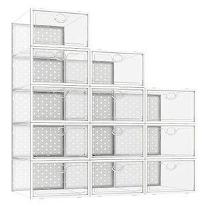 lot 25263 image: Pinkpum Shoe Storage Boxes, Shoe Organizer for Closet Clear, Shoe Boxes Clear Plastic Stackable, Folable Storage Bins with Lids, 12 Pack Shoe Sneaker Containers Bins Holders...not sure if complete set