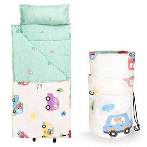 lot 25265 image: NEDVI Toddler Nap Mat with Carry Bag,Sleeping Bag with Removable Pillow,Measure 55x 21 x 1.5 Inches,Toddler Travel Bed,Lightweight - Cotton Soft,for Preschool, Daycare, Camping-White Car