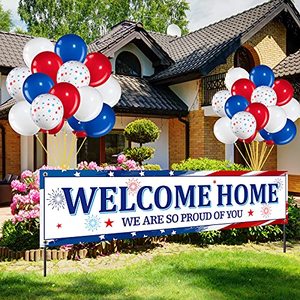 lot 25272 image: 36 Pieces Welcome Home Banner Decoration Set, Large Fabric We Are So Proud of You Yard Sign with 35 Pieces Latex Balloons for Deployment Returning Party Supplies Military Army Homecoming (Star Style), quantity unverified