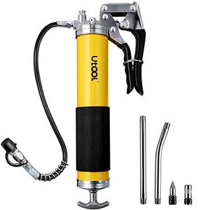 lot 25278 image: UTOOL Grease Gun, 8000 PSI Heavy Duty Pistol Grip Grease Gun Set with 14 oz Load, 18 Inch Spring Flex Hose, 2 Working Coupler, 2 Extension Rigid Pipe and 1 Sharp Type Nozzle Included, Yellow