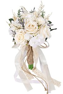 lot 25289 image: CEWOR Wedding Bouquets for Bride Bridesmaid, White Champagne Artificial Roses Flowers Wedding Decoration