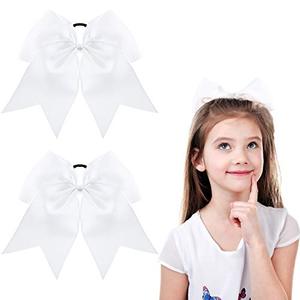 lot 25293 image: 2 Packs Jumbo Cheerleading Bow 8 Inch Cheer Hair Bows Large Cheerleading Hair Bows with Ponytail Holder for Teen Girls Softball Cheerleader Outfit Uniform (White)