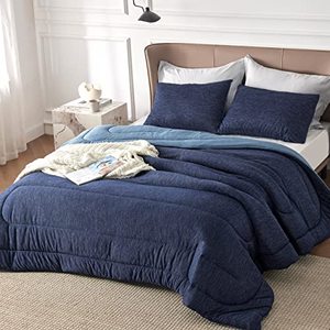 lot 25302 image: Bedsure Full Comforter Set - Cooling and Warm Bed Set, Navy Blue Reversible All Season Cooling Comforter, 3 Pieces, 1 Full Size Comforter (82x86) and 2 Pillow Cases (20x26)
