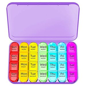 lot 25318 image: Odaro Weekly Pill Organizer 4 Times a Day, Daily Pill Box 7 Day, Large Travel Pill Case with 28 Compartment to Hold Medicine, Vitamin and Supplement - Purple Case