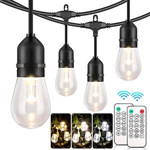 lot 25324 image: Mlambert 3 Color Outdoor LED Dimmable String Lights for Patio with Remote, Plug in 48FT Waterproof Edison Bulb, Warm White Daylight White Shatterproof Light for Cafe Bistro Pergola