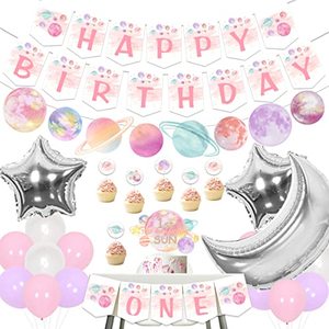 lot 25326 image: First Trip Around The Sun Birthday Decorations, Girls� Pink Space One High Chair Banner & Cake Toppers, Galaxy Happy Birthday Garland and Moon Star Foil Balloons for 1st Birthday Party Supplies