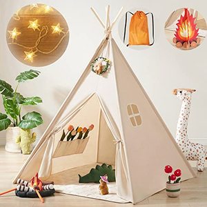 lot 25335 image: Kids-Teepee-Tent with Lights & Campfire Toy & Carry Case, Natural Cotton Canvas Toddler Tent - Washable Foldable Teepee Tent for Kids Indoor Tent, Outdoor Play Tent for Girls & Boys