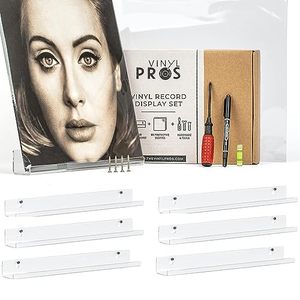 lot 25343 image: Vinyl Record Shelf Wall Mount and Protective Sleeves 6 Pack - 6 Acrylic Record Album Holder Shelves, 6 Clear Album Protective Sleeves. Installation Hardware and Tools