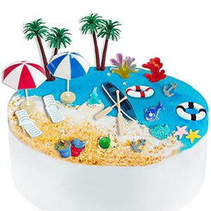 lot 25346 image: 21 Pieces Beach Cake Toppers Hawaiian Chair Boat Palm Tree Umbrella Dollhouse Decoration Miniature Ornament Kits Set for Swimming Pool Summer Beach Birthday Party Supplies...quantity not verified