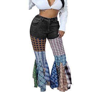 lot 25352 image: ThusFar Women High Waist Patchwork Flare Jeans Plaid Bell Bottom Ruffle Hem Denim Long Pants Trousers, XL