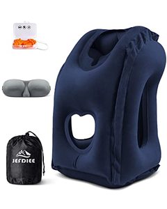 lot 25357 image: JefDiee Inflatable Travel Pillow, Airplane Neck Pillow Comfortably Supports Head and Chin for Airplanes, Trains, Cars and Office Napping with 3D Eye Mask, Earplugs and Portable Drawstring Bag (Blue)