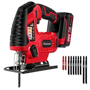 lot 25463 image: AVID POWER Cordless Jig Saw, 20V Jigsaw with 2.0A Lithium-Ion Battery and Charger, 10PCS Blades, 3000 SPM Variable Speed and Orbital Function, �45° Bevel Cutting Tool for Woodworking